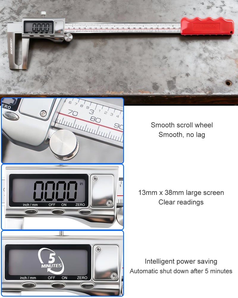 GODESON Digital Caliper 12 inch with Outer Groove, Brake Disc Rotor measuring tool, Stainless Steel Digital Calipers for 3D Printing & DIY, LCD Display, Inch/MM Units, Auto-Off, Rubberized Grip & Storage Case - Image 4